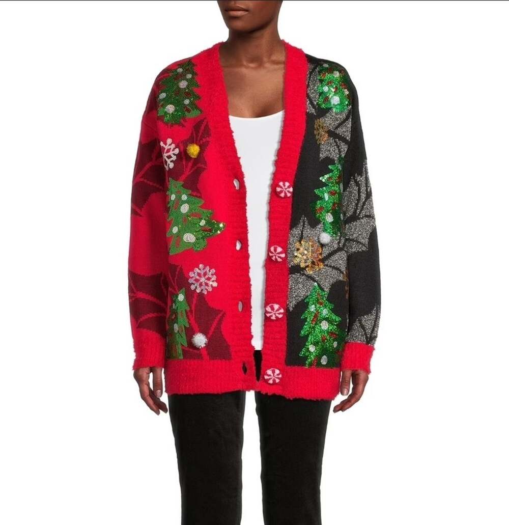 Holiday Time Ugly Christmas Sweater Cardigan Sequins Xmas Tree Bells Size 2X